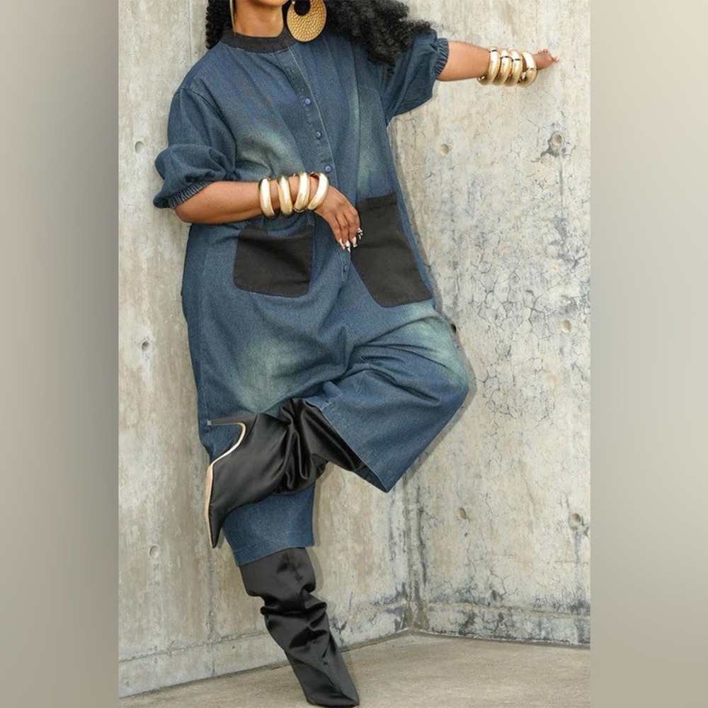 Oversized Denim Jumpsuit with Black Pocket Detail